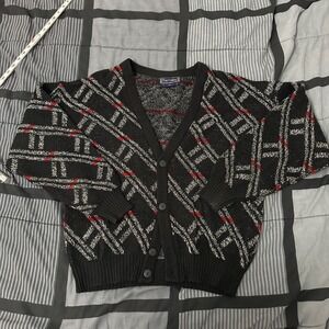 Vintage 80's Barnaby Brand Grandpa Cardigan Sweater Black‎ Gray Mens XL